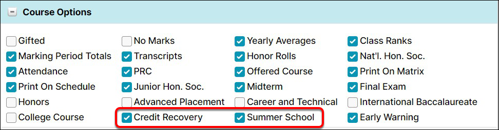 The open menu when creating a new course, highlighting Summer School and Credit Recovery boxes checked within the Course Options section.