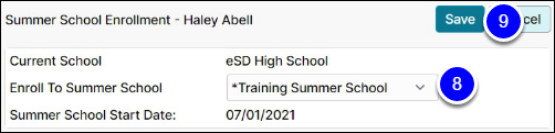 A small window is open. 'Enroll to Summer School' has a menu next to it with Training Summer School (8) chose. The Save button is highlighted (9).