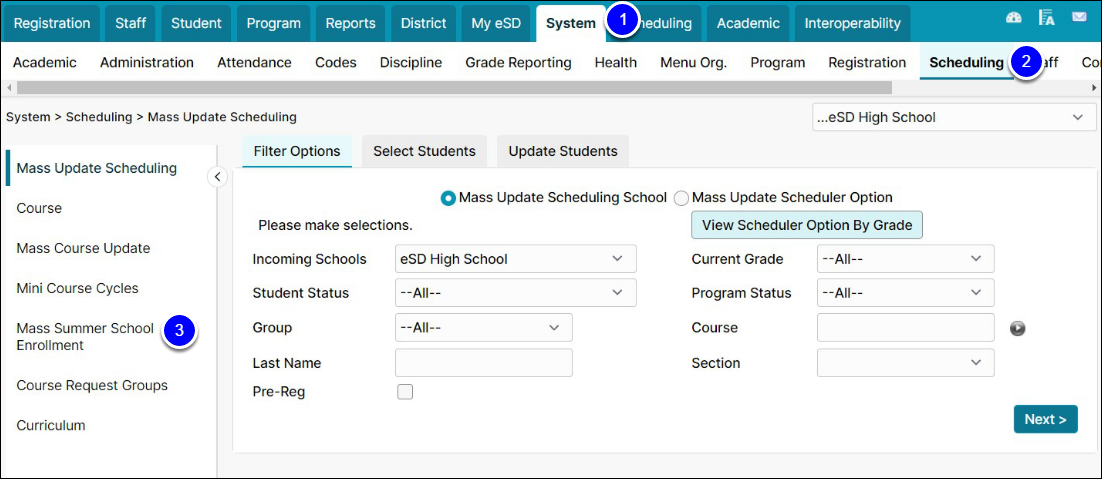 The System (1) and Scheduling (2) tabs are highlighted. Mass Update Scheduling is open by default. Users need to select Mass Summer School Enrollment (3).