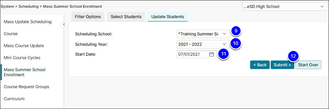 Three fields appear on the page to have data entered: Scheduling School is a dropdown menu (9), Scheduling Year is a dropdown menu (10), and Start Date is a calendar selection tool (11). Submit is higlighted to confirm changes.(12).