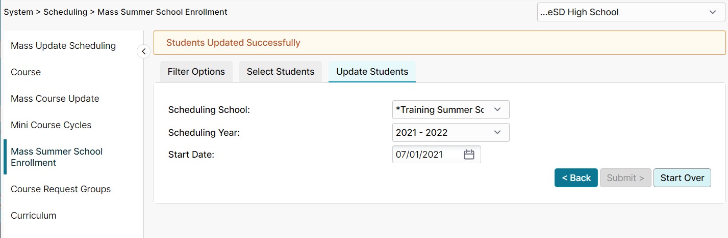 A yellow banner appears at the top of the page confirming that students were successfully enrolled in summer school.