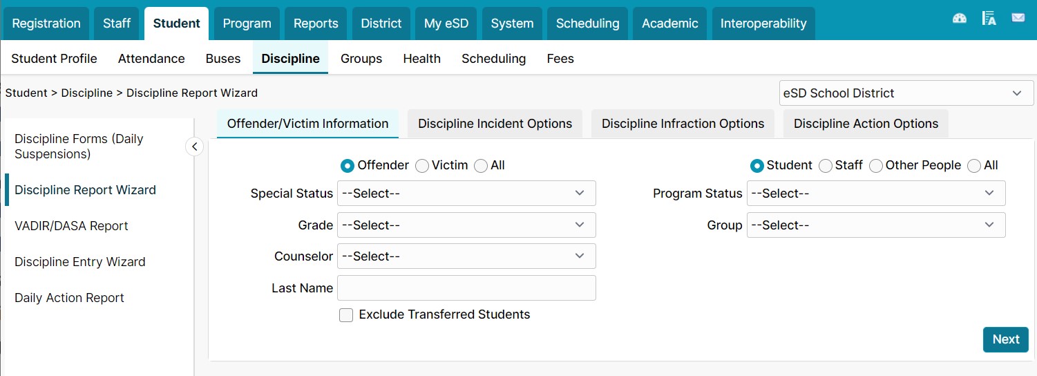 Image of teh Discipline Report Wizard screen.