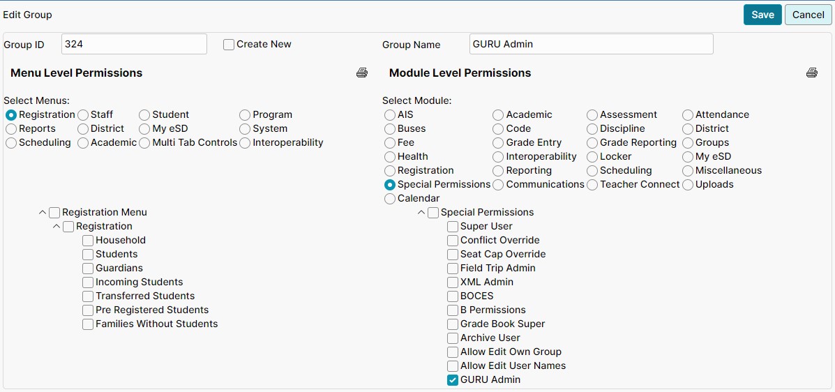 Permission page open to Special Permissions with the GURU Admin radio button selected.