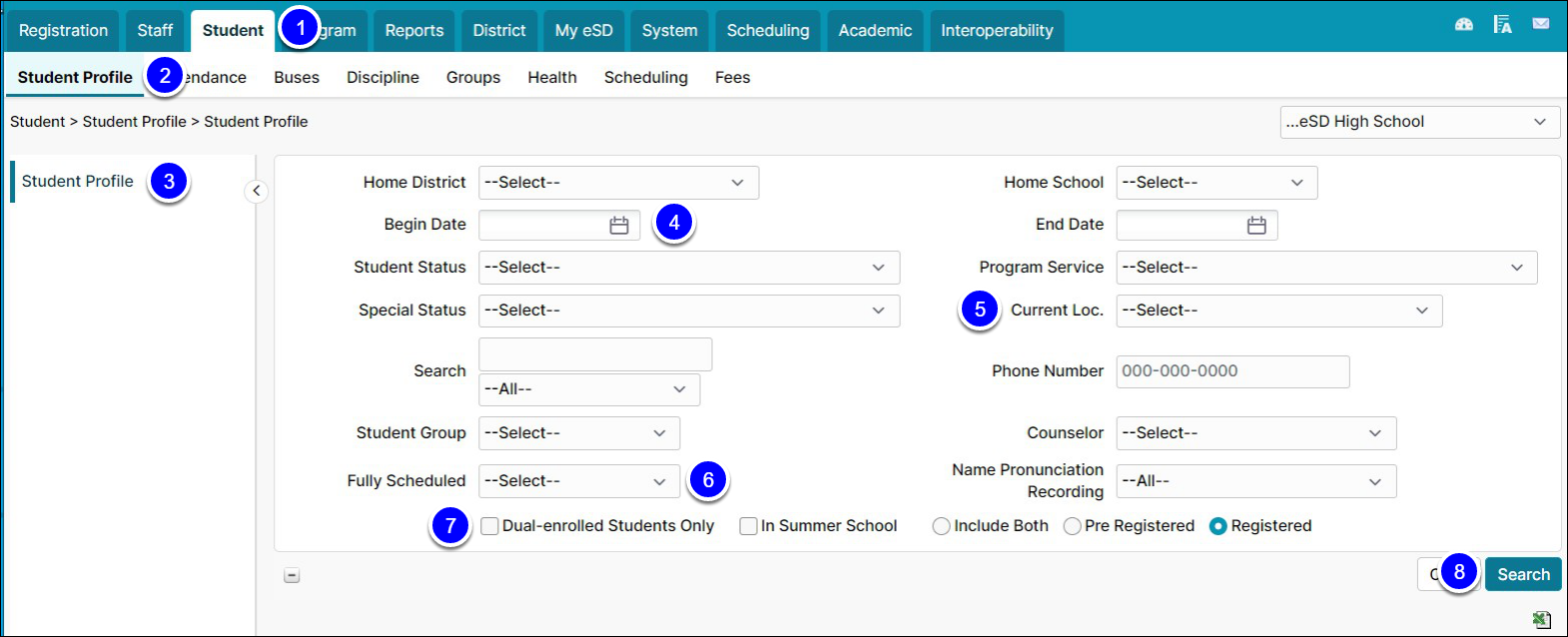 The main application open to the Student Profile seach page. Numerous filters are avaialble to use, and the Search button is highlighted at the bottom right.