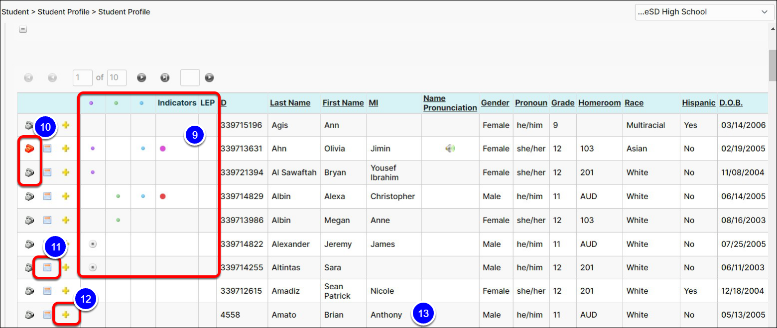 Students that meet the Filters appear in a table. Each student is represented in a row of the table, and different icons are available to access or view specific students details.