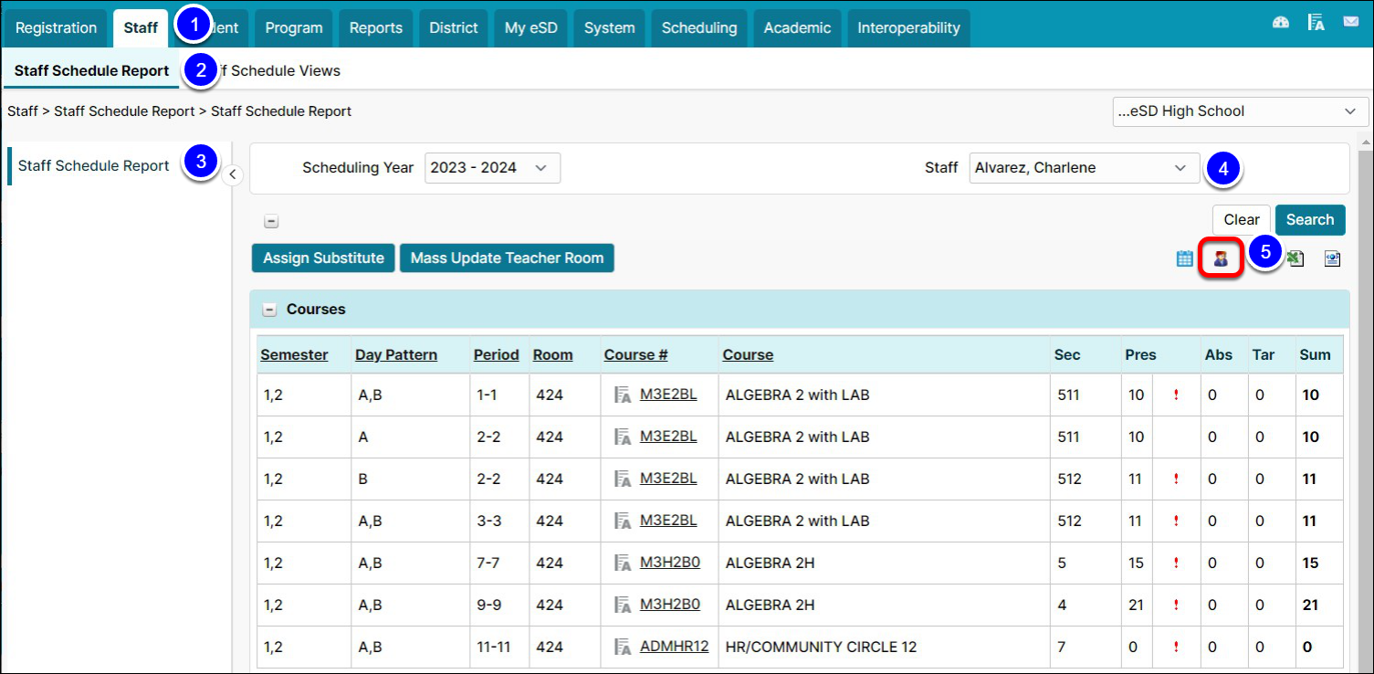 The main application open to the Staff Schedule Report. The Report Roster icon is highlighted.