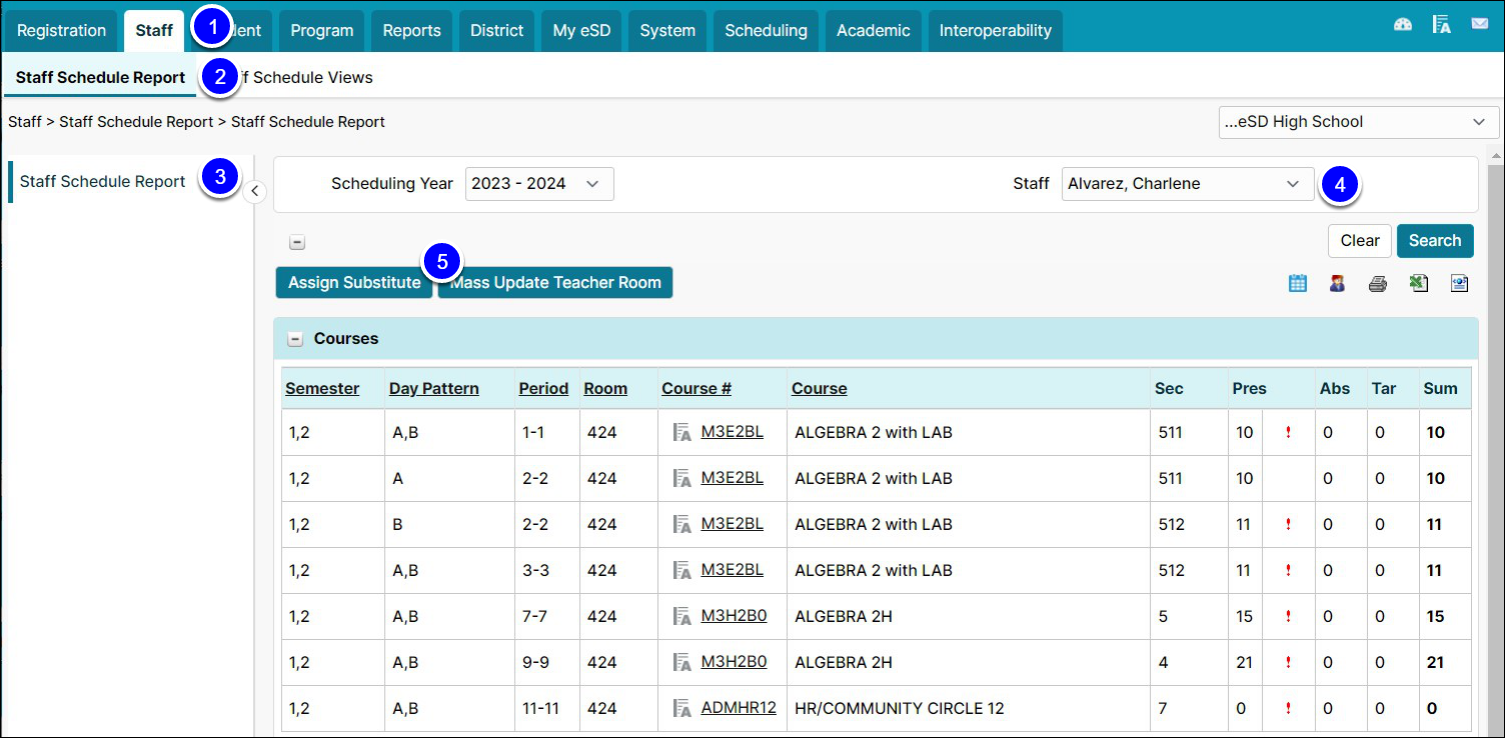 The main application open to the Staff Scheudle report. The Assign Substitute button is highlighted.