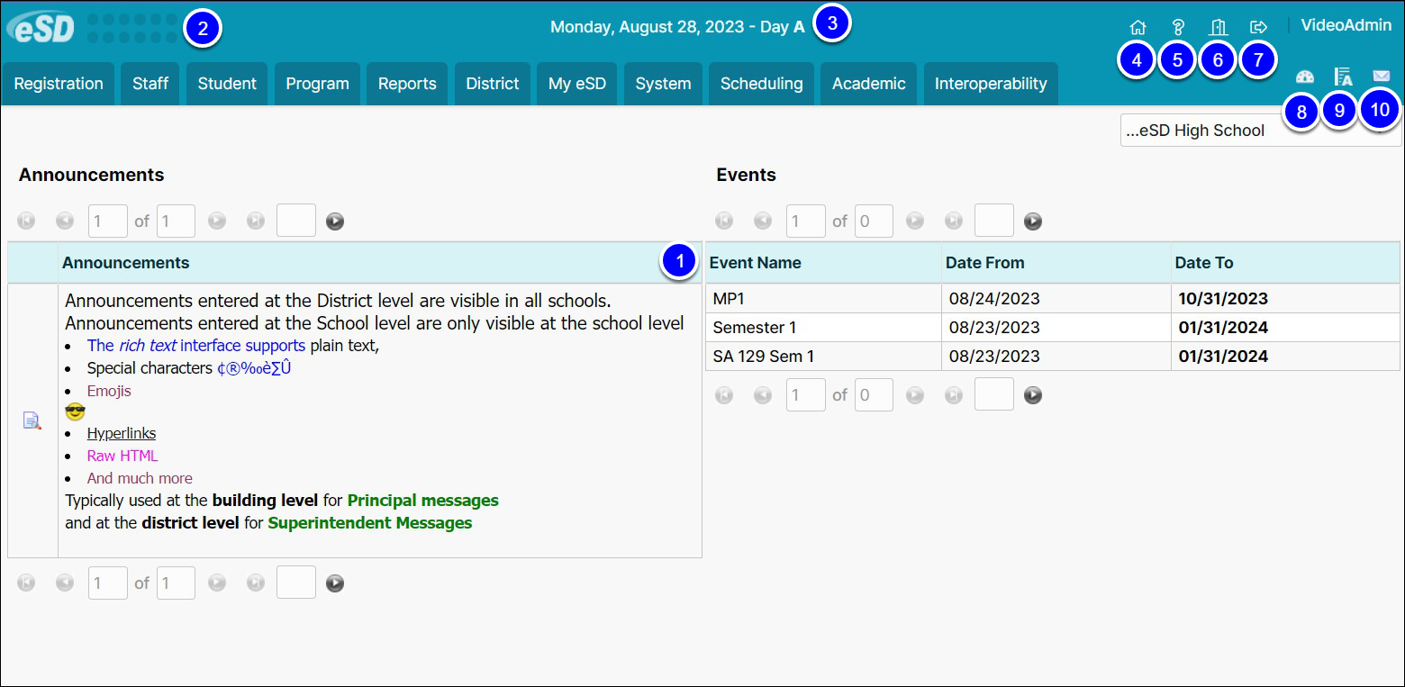 The landing page of the main application. Accouncements and Events are displayed on the bottom half of the page. At the top left, bubbles are highlighted (2) which are used to change the color. The current date and day code are highlighted at the top center of the page (3). At the top right of the interface, 7 different icons are highlighted that can be utilized based on role and permissions.