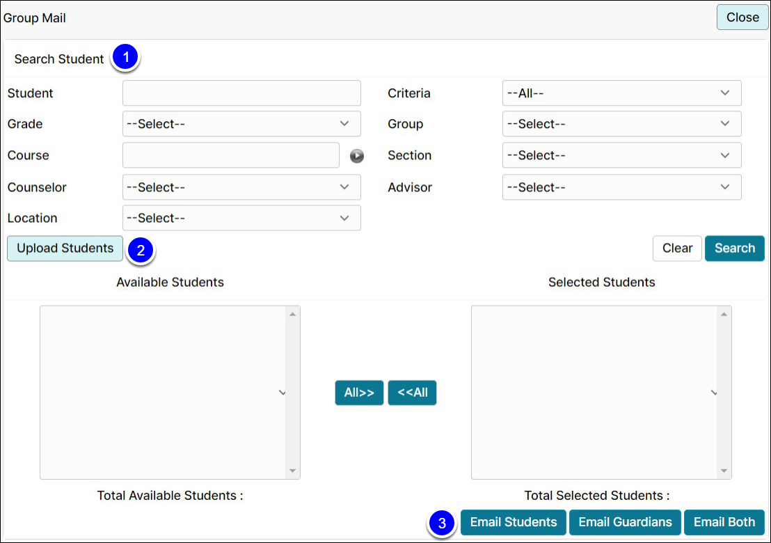 The group mail window is open to display the Search filters, Upload Students button, and options for which audiences are avilable to email.