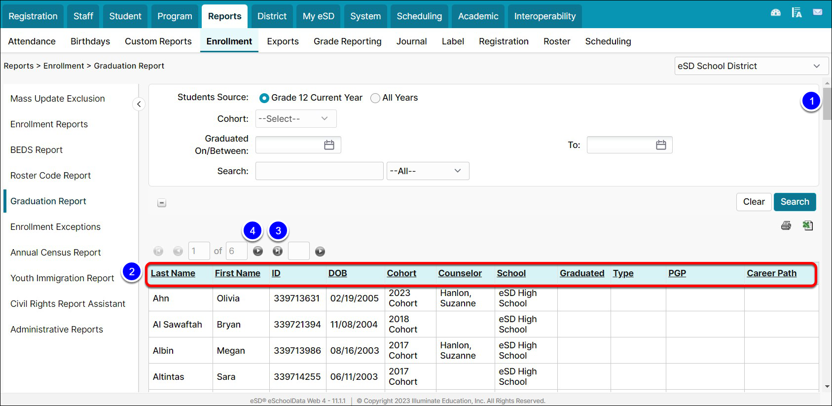 The main applciation open to the Graduation report, highlighting page navigation tools.