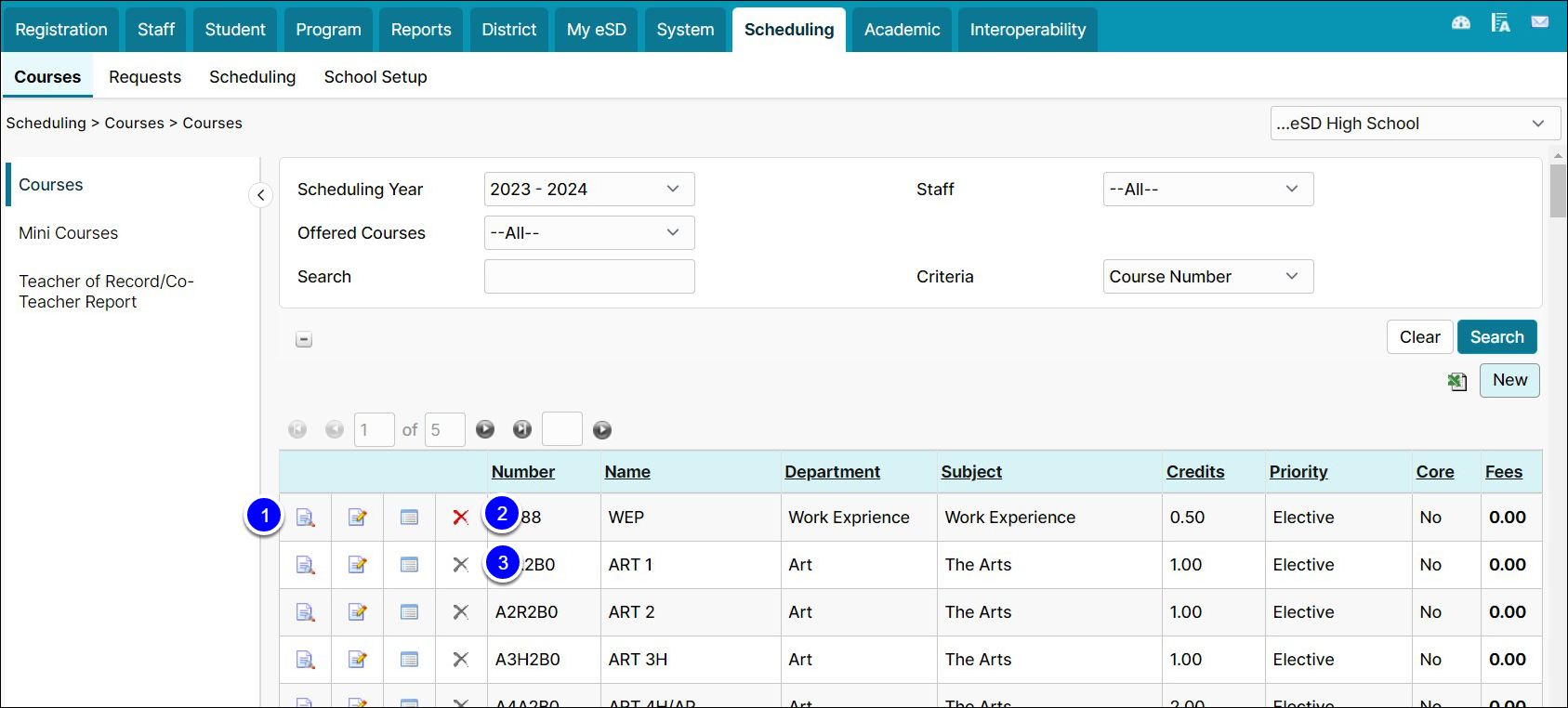 The Courses page open to display Edit, View, ande Delete icons.