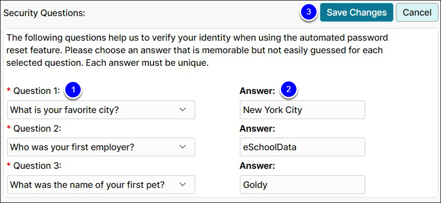 The change security questions interface with 3 security questions chosen via drop down menus and three answers filled in. A Save Changes button appears at the top right of the interface.