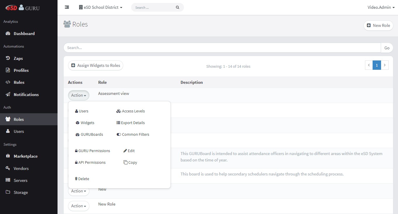 Guru open to the Roles tab with the Action menu expanded to display all of the options.