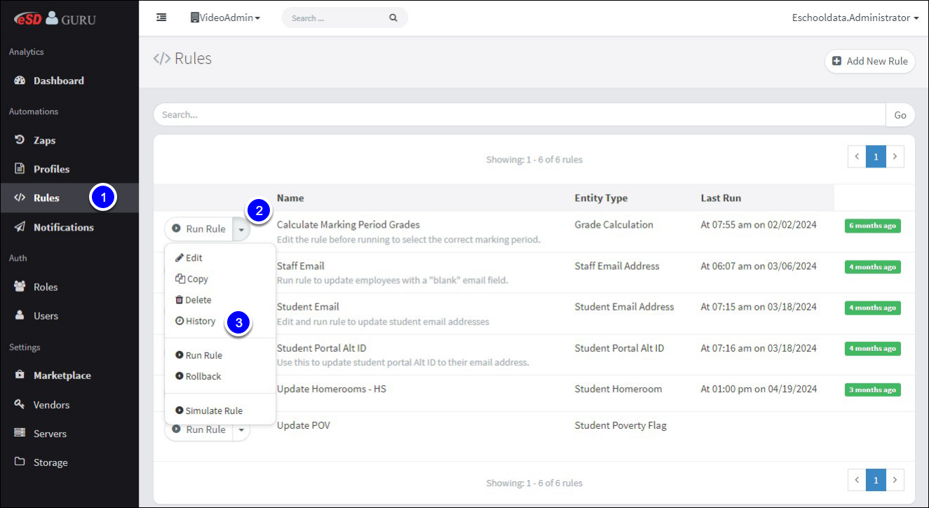 The image shows the Rules section of a software interface named eSD GURU, displaying a list of six rules with details including their names, entity types, and last run times. The left sidebar has navigation options such as Dashboard, Zaps, Profiles, Rules, Notifications, and more. There are options to run, edit, copy, delete, view history, rollback, or simulate each rule.