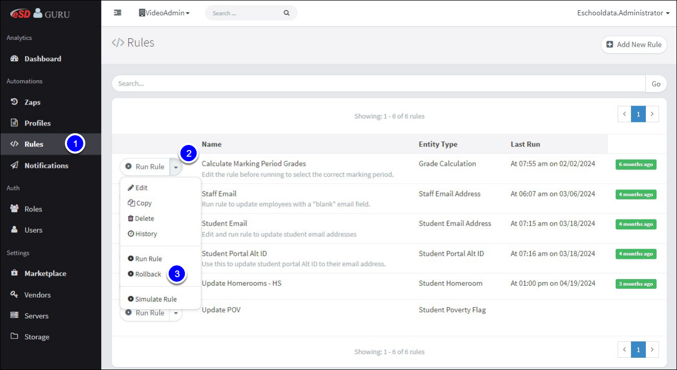 The image shows the Rules section of a software interface named eSD GURU, displaying a list of six rules with details including their names, entity types, and last run times. The left sidebar has navigation options such as Dashboard, Zaps, Profiles, Rules, Notifications, and more. There are options to run, edit, copy, delete, view history, rollback, or simulate each rule.