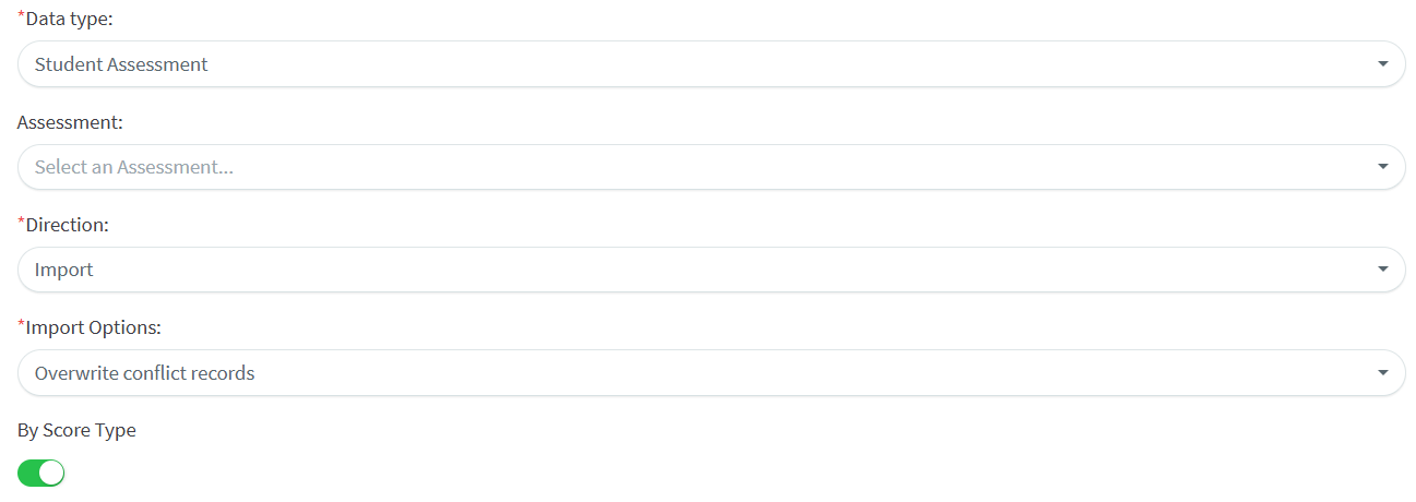 Create Import Profile open to display Student Assessment chosen as the Data type and By Score Type toggle enabled
