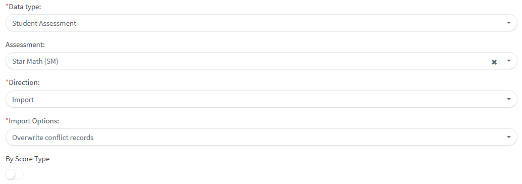 Create Import Profile open to display Student Assessment chosen as the Data type, Star Math as the Assessment, and By Score Type toggle disabled