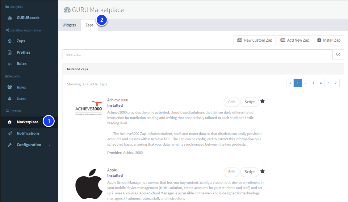 GURU open to the Marketplace with the Zaps tab selected. A list of Installed Zaps appears with a description of each app.