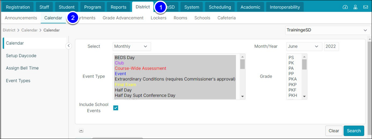 eSchoolData open to the District Calendar interface