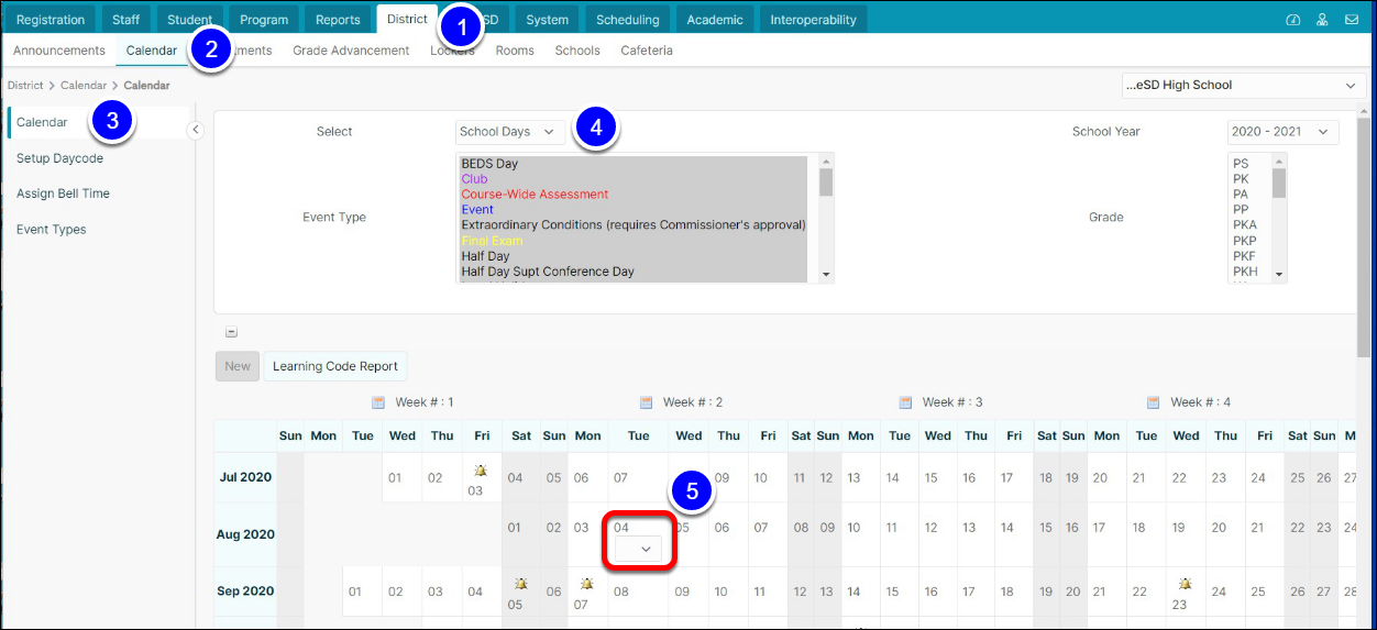 Add Daycodes interface open with a dropdown menu highlighted on the calendar, which is used to select a daycode.